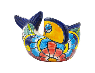 Mexican Talavera Bonsai Fish Planter Pot Hand Painted - Traditional Pescado Bonsai Maceta - Dark Blue Trim